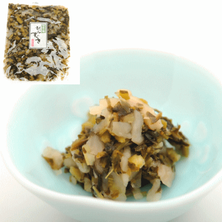 刻みすぐき／京都の三大漬物の一つ、上賀茂の伝統漬物すぐきを刻んで乳酸発酵によってできる酸味が特徴の漬物。現代の日本では数の少ない本格的な乳酸発酵漬物。ごはんのお供はもちろんお茶うけやお酒の肴に如何でしょうか。